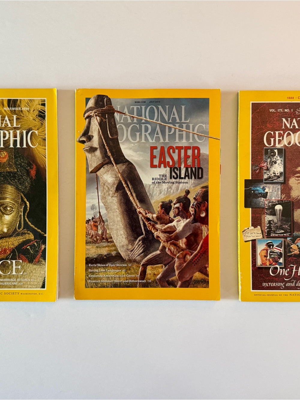 National Geographic Magazine July 2012, November 1999, January 1988 editions.